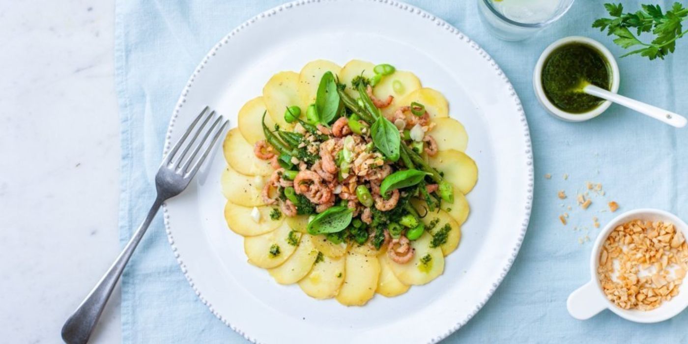 Aardappelcarpaccio met verse garnalen